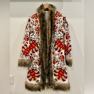 Lovestich Small Embroidered Faux Fur Trim Coat